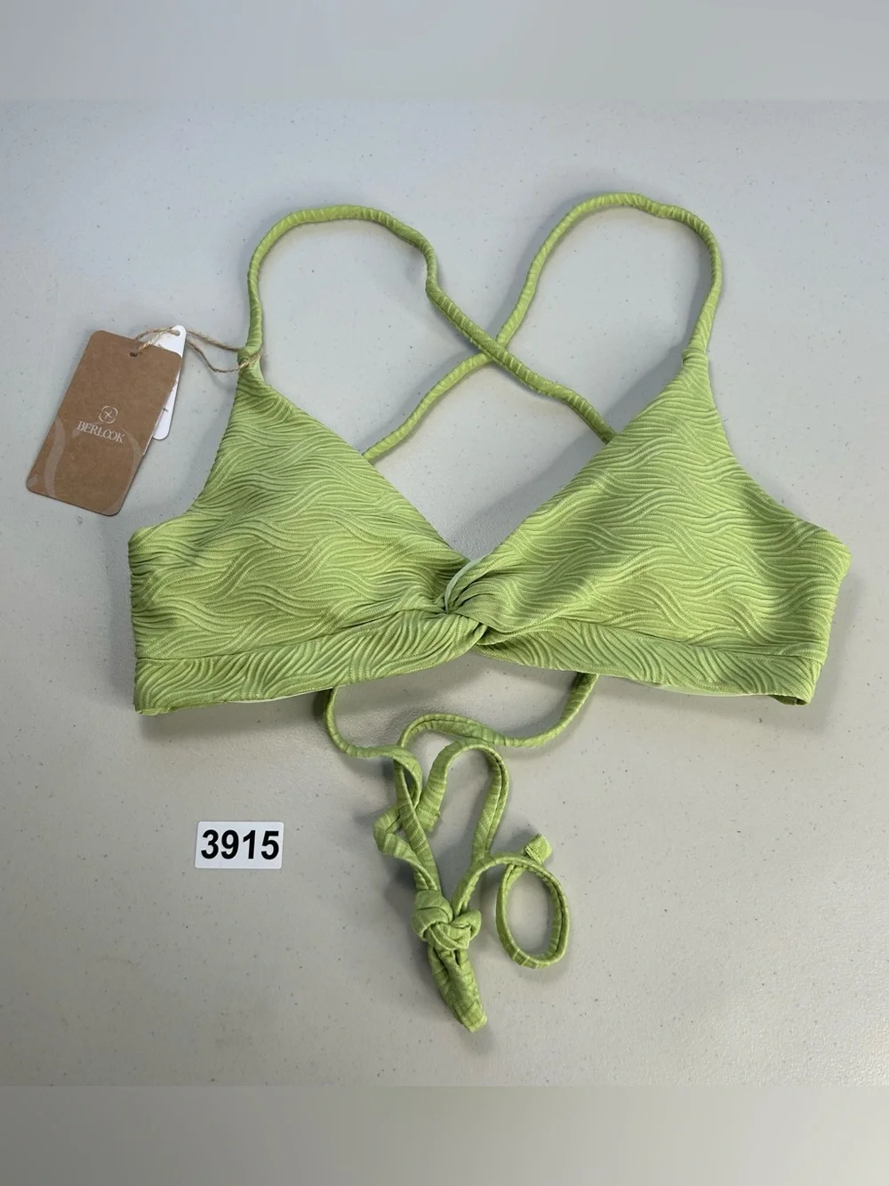 Berlook Small Light Green Textured Twist Cross Back Bikini Top New